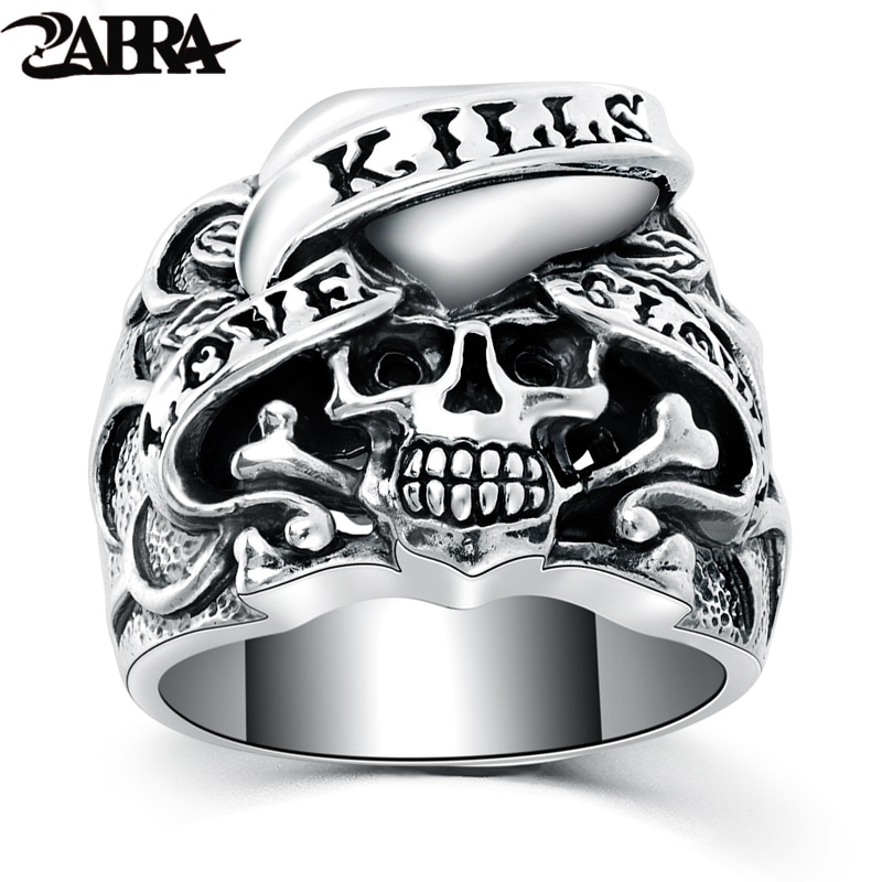 ZABRA 925 Argento Vintage Gothic Skull Anello Uomo Anelli Cuore Signet Retro Style Warcraft Grande Biker Gioielli In Argento Maschile