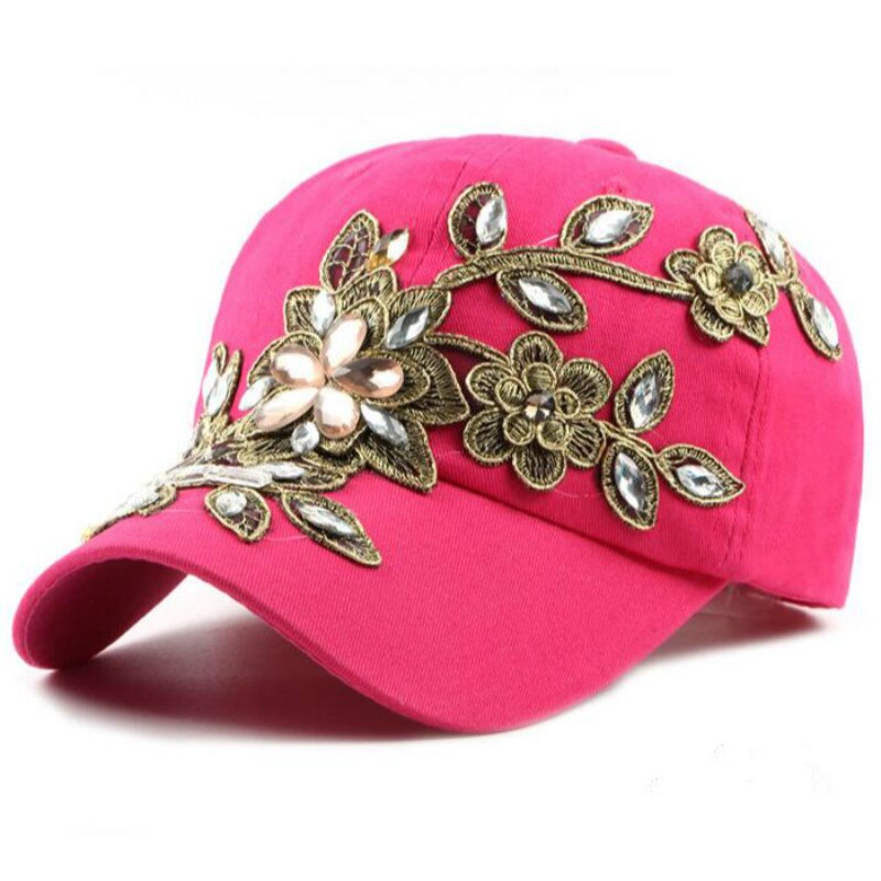 Qui sous la douche bling strass femmes casquette réglable fleur cristal femme snapback chapeau en plein air été casquette de baseball: Rose Rouge