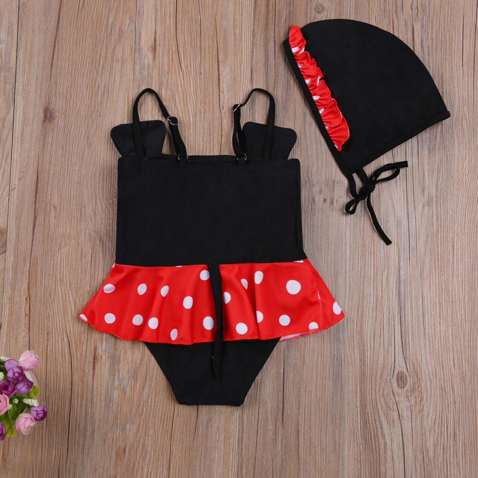 Baby Girls Cap Red Polka Cute Dot Rash Guard Swimwear Suit One-Piece Bowknot Swimsuit Swimming