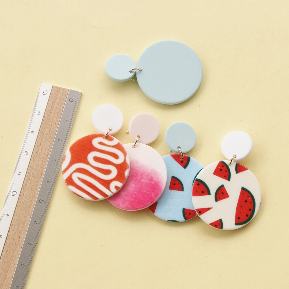 Round Watermelon Print Cute Fruit Earrings Classic Trendy Pink Blue Unique Dangle Earring Statements Vintage Jewelry