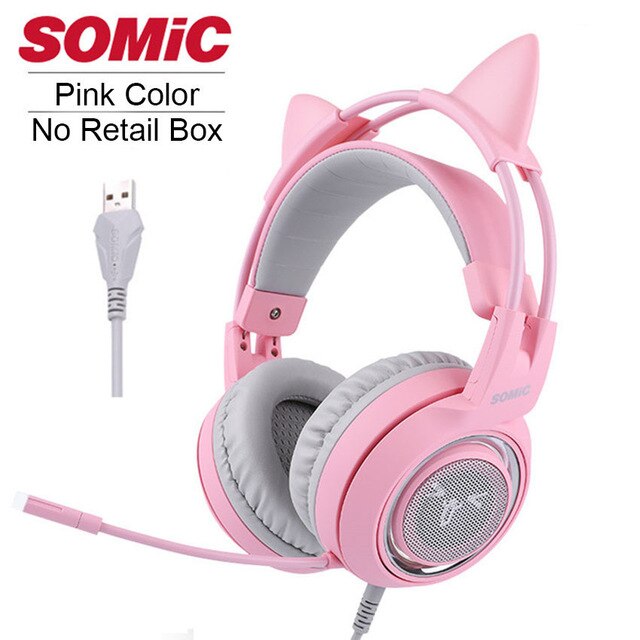 SOMIC G951 Pink Cat Headphones Virtual 7.1 Noise Cancelling Gaming Headphone Vibration LED USB Headset kids Girl Headsets for PC: Pink air-bag package