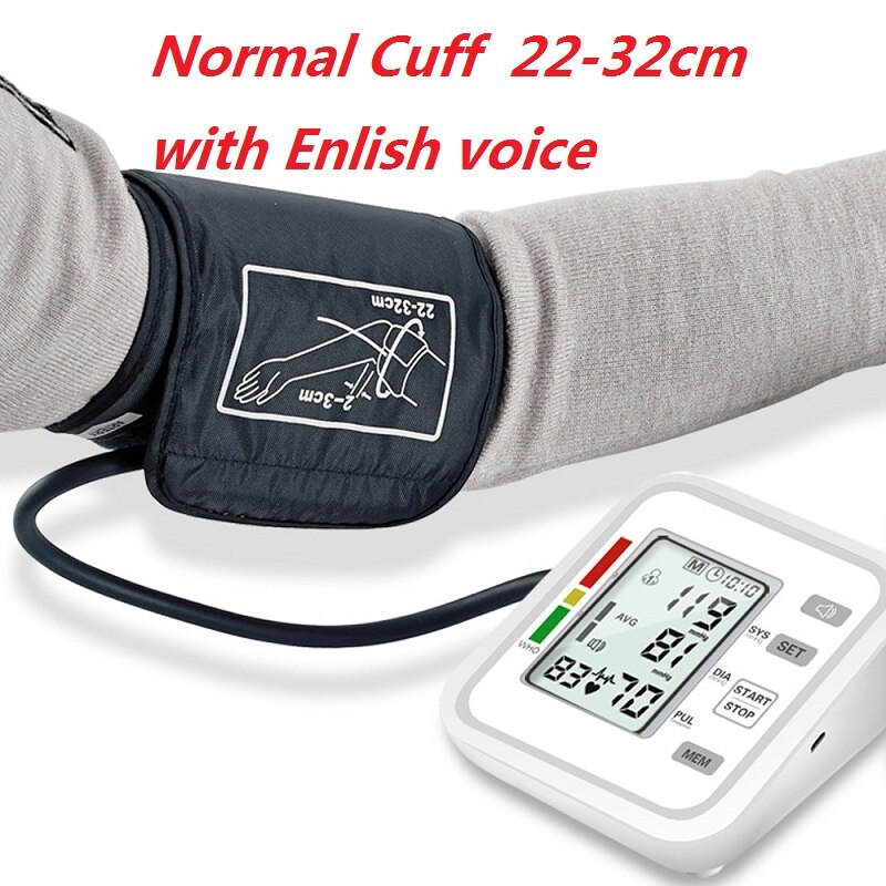 LCD Arm Automatic Blood Pressure Monitor BP Sphygmomanometer Pressure Meter Tonometer for Measue Arterial Pressure English voice: 22-32cm En voice