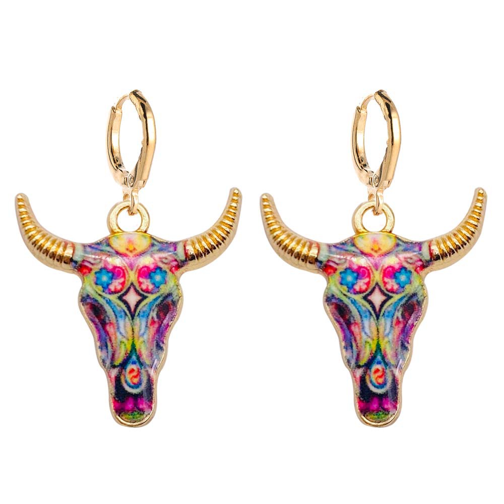 Pendientes de cabeza de toro esmaltados coloridos, vaquera occidental, pendientes colgantes de aleación, joyería: Rodio plateado