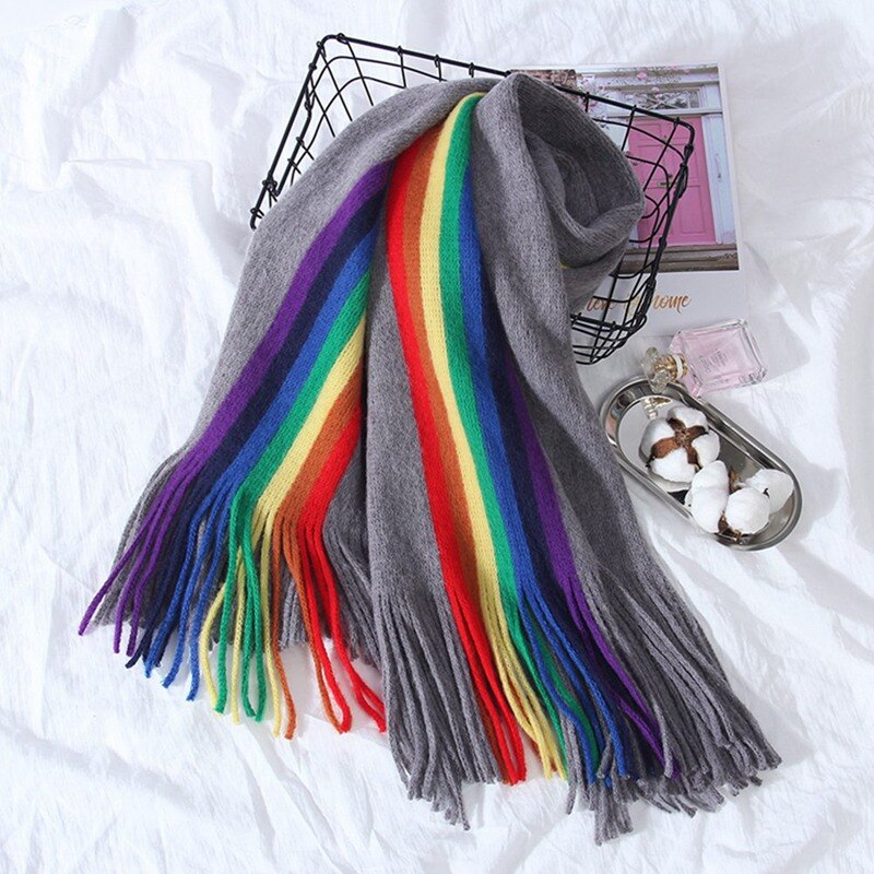 Chal bufanda de gran tamaño a rayas LGBT arco iris para mujer con borlas envolturas de Manta abrigadas de invierno 190*40cm: GY