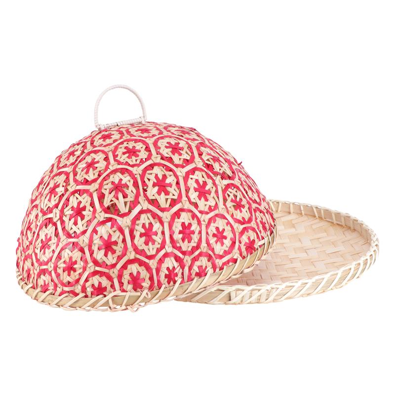 Bamboo Weaving Dustproof Cover With Plate Food Tray Vegetable Fruit Bread Dishes Tent Basket Random Color