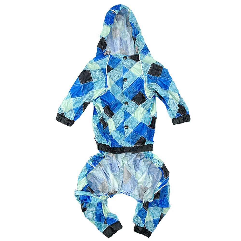 Capa de chuva para cachorro xadrez, roupa à prova de sol para animais de estimação, jaqueta de chuva, macacão com coleira e furo para animais de estimação de médio e grande porte: Azul / L