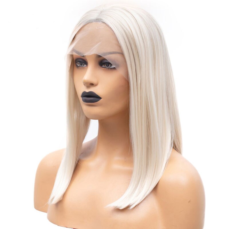 Bombshell platin hvid kort lige bob syntetisk 13*3 blonder frontparykker varmebestandigt fiber hår midterskilning til kvinder