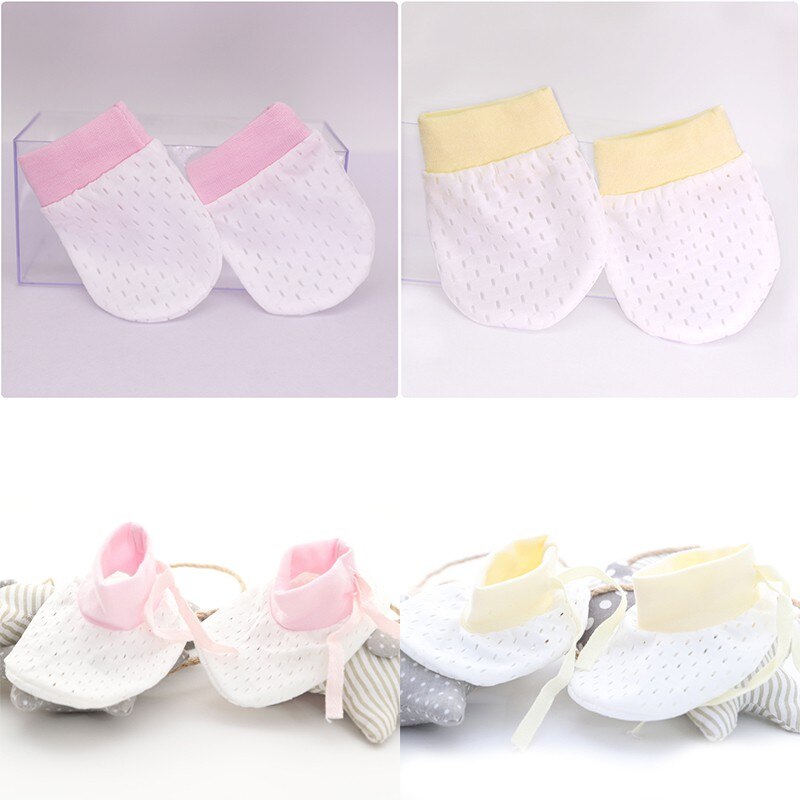 4 pares bebê recém-nascido algodão luva da mão luva do bebê anti risco malha respirável gelo tecido de seda do bebê resistente a riscos luvas: Set1-2Glove 2Sock