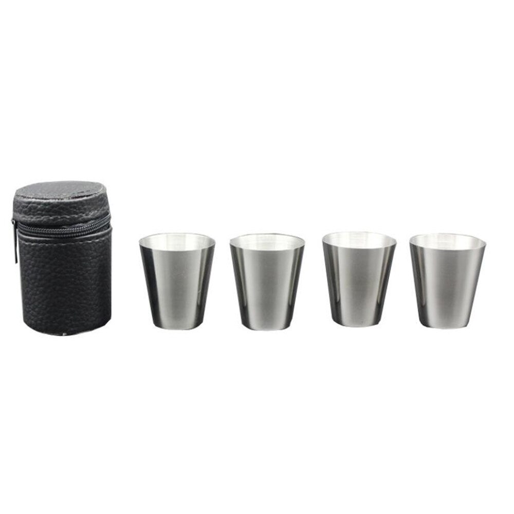 Barware 4Pcs/set Polished 30ML Mini Stainless Steel Shot Cup Wine Drinking Glasses With Leather Cover Bag For Home Kitchen Bar: with PU Bag