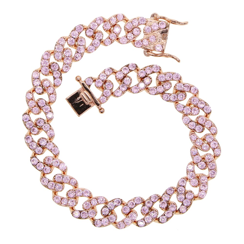 9mm width pink pinky white cubic zirconia cz Miami cuban link chain bracelet for women girl 17cm 19cm: pink / 17cm