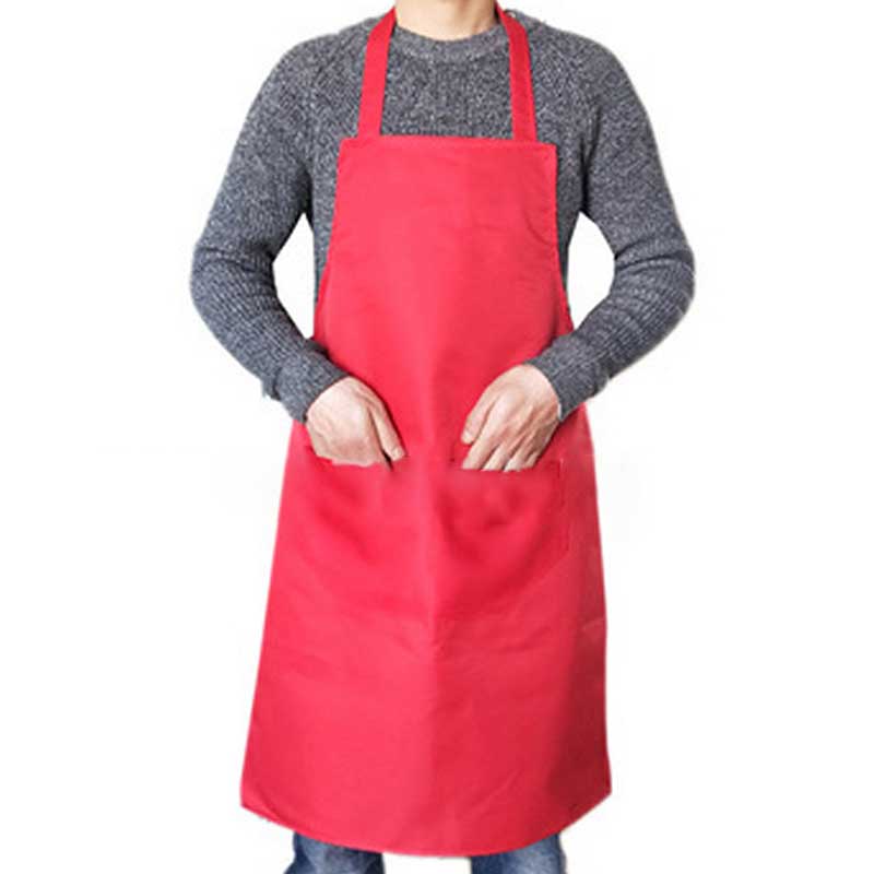 Pure Color Kitchen Apron Cooking Thicken Household Cleaning Antifouling Chef Apron Polyester Double Pocket For Men Women: Red
