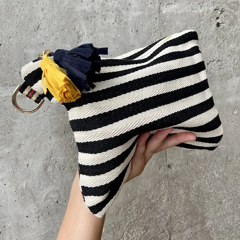 Cosmetic Bag Women Striped Makeup Case Organizer Korean Tassel Cosmetic Pouch Necesserie Travel Toiletry Bag Canvas Beauty Case: GRAY