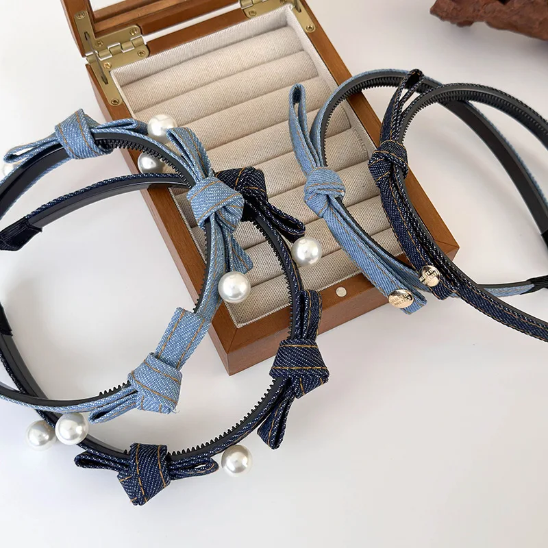 Diadema de perlas con lazo de Color azul vaquero Retro para niña, bandas para el cabello dulces para mujer, aro para el cabello con temperamento, accesorios para el cabello de femenina