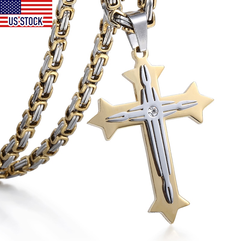 Davieslee Cross Stainless Steel Pendant Necklace For Men Boy Byzantine Chain Gold Silver Color Cross Jewelry 24-30inch DKP02