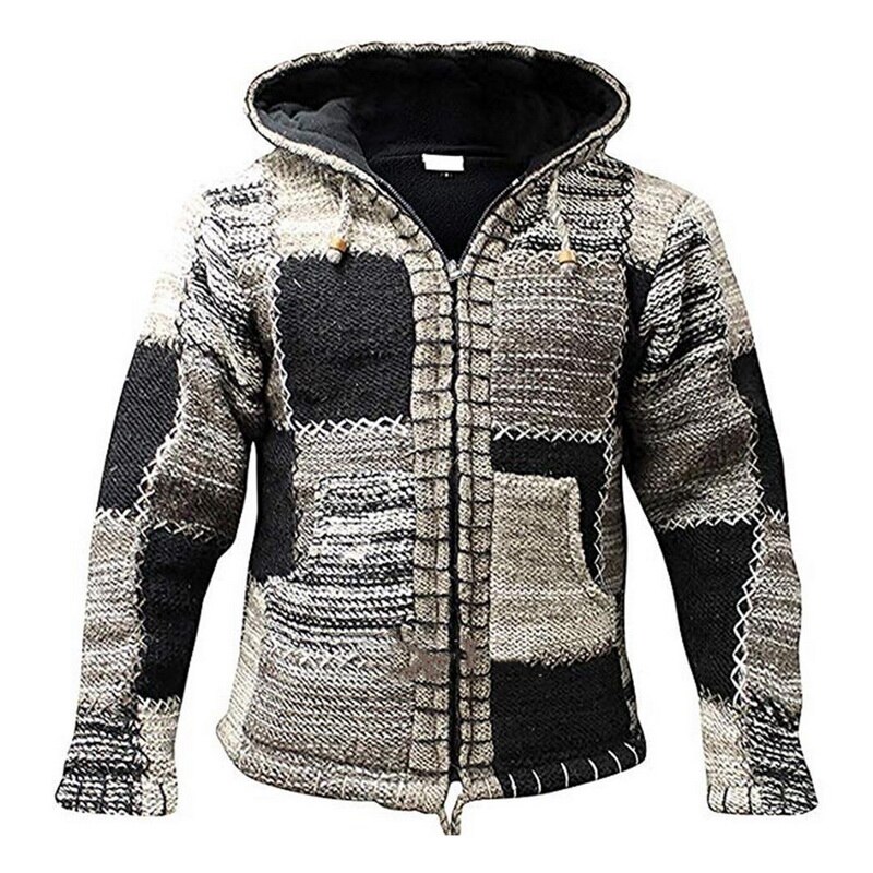 Men Winter Patchwork Knit Outwear Coat Sweater With Pocket Autumn Men Hooded Wool Cardigan Sweater Jumper
