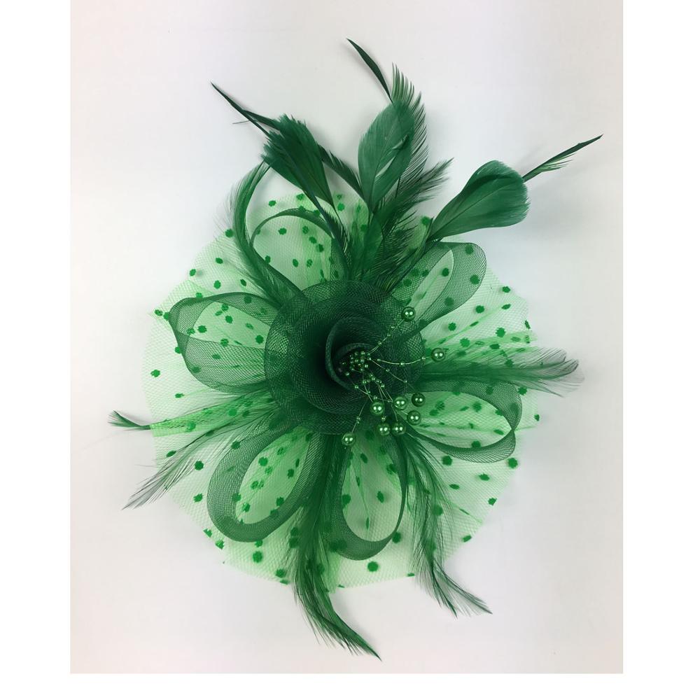Vintage brude hatte fjer hovedbeklædning blomst fascinator stor gatsby brude hovedbeklædning til bryllupsfest elfenben hvid rød pink prom: Grøn