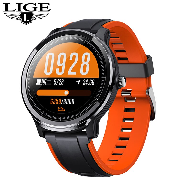LIGE nouvelle montre intelligente plein écran tactile IP68 étanche fréquence cardiaque moniteur de pression artérielle Sport smartwatch information rappel: Orange