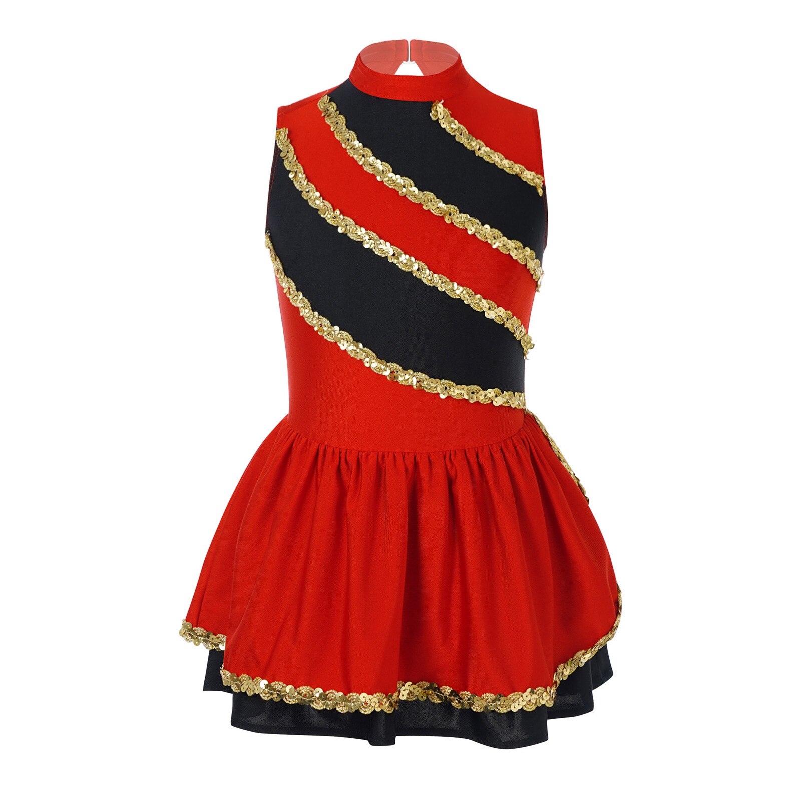 Vestido de baile de animadora decorado con lentejuelas para niñas, traje de baile sin mangas con escote redondo y espalda hueca, uniforme de animadora: Red / 10