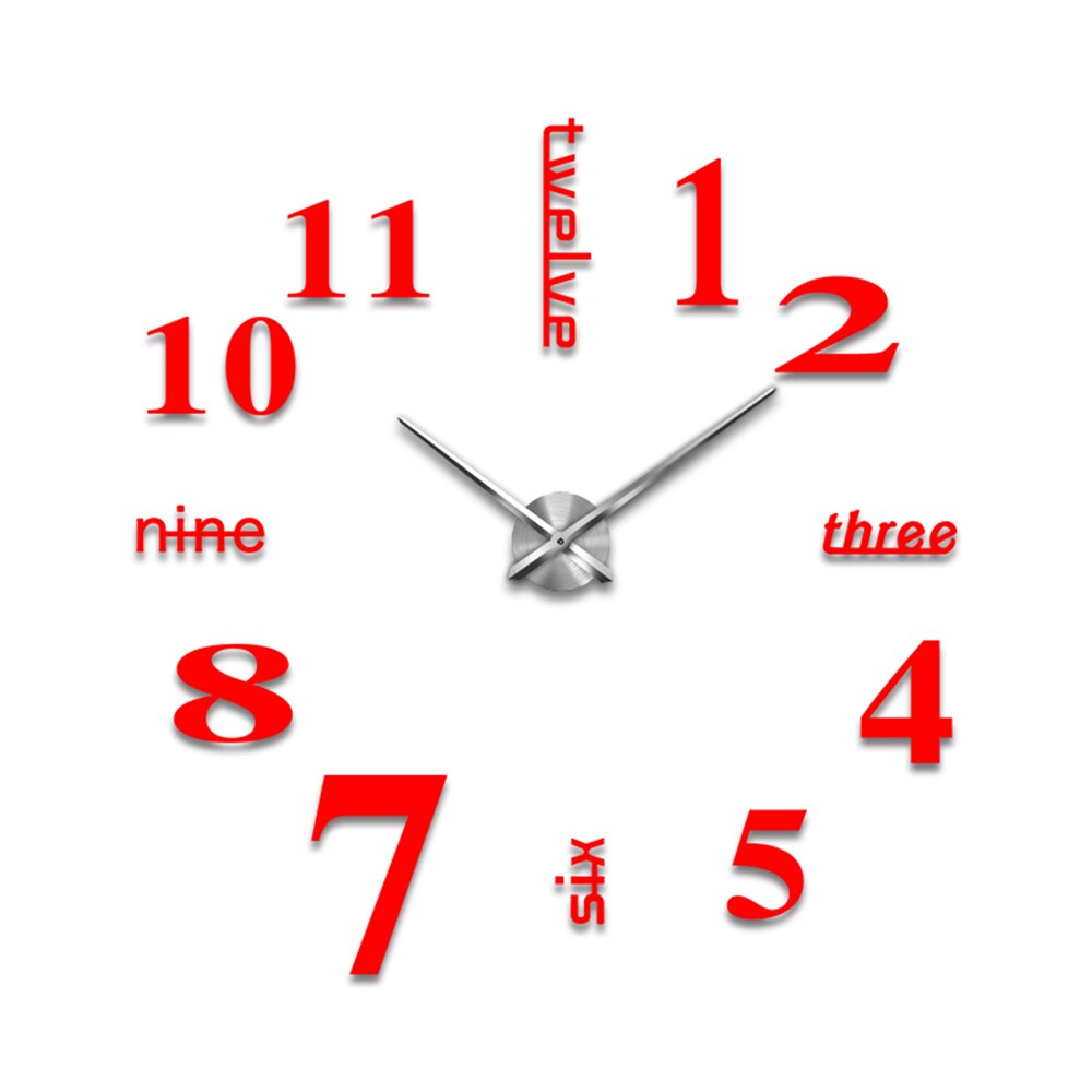 DIY 3D Mirror Wall Stickers Wall Clock Watch Art Mural Home Decor Living Room TV Background Stickers Wall Clocks Quartz Needle: G Red