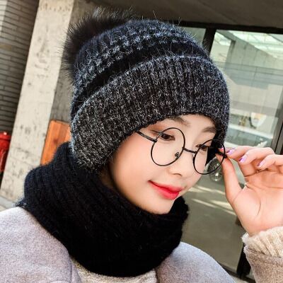 Vinter tykk pluss kashmir varm lue kvinneskjerf fuskepels pomponger vinter kvinners strikke lue ull hatt ski 2 sett: Svart