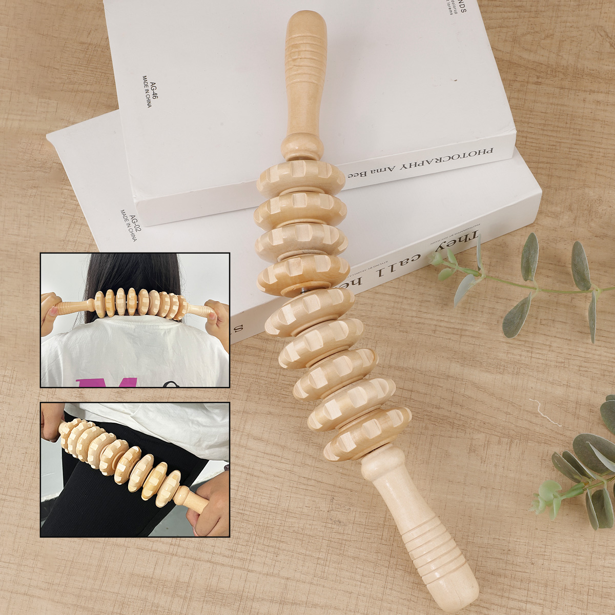 Rolo massageador de terapia de madeira, ponto de gatilho, bastão massageador para fáscia, celulite, músculo e abdômen, corpo, alívio da barriga muscular também