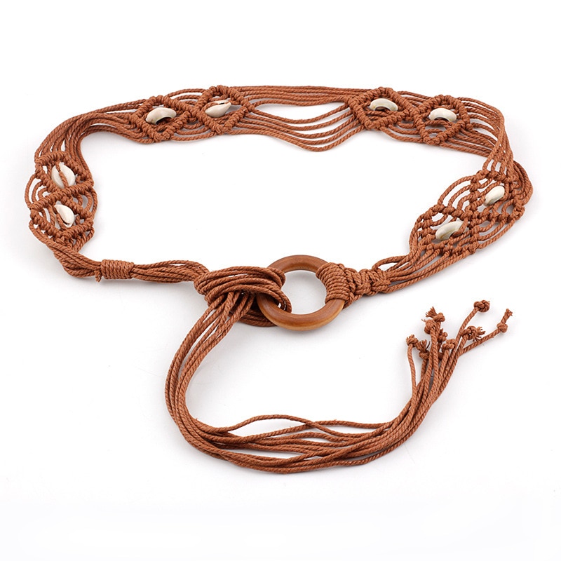 Shell Waist Rope Hand-knitted Knotted Belt Vintage Wooden Ring Buckle Decorative Dress Waistband Camel Beige