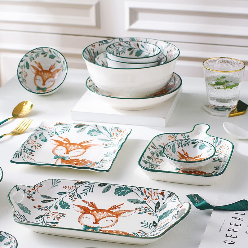 Cartoon Ceramic Kids Plate Set Dinning Food Deer Restaurant Nordic Plates Dinner Serving Platos De Cena Home Tableware DL60PZ