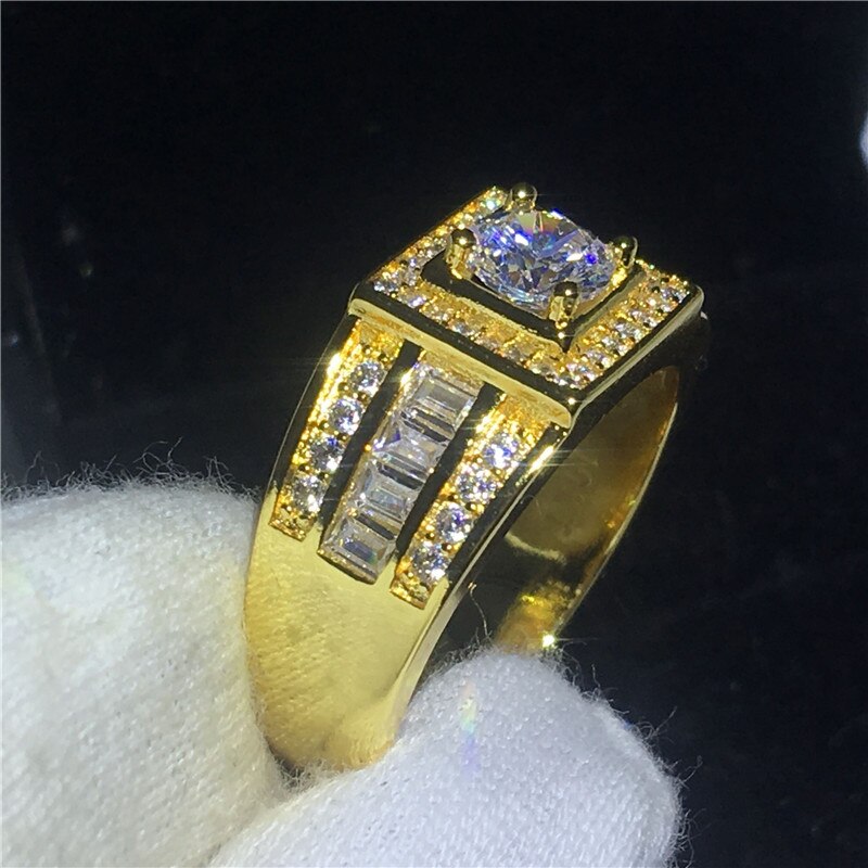 Solitaire masculino amarelo ouro enchido anel 5mm aaaaa zircon cz noivado casamento anéis de banda para homens moda jóias