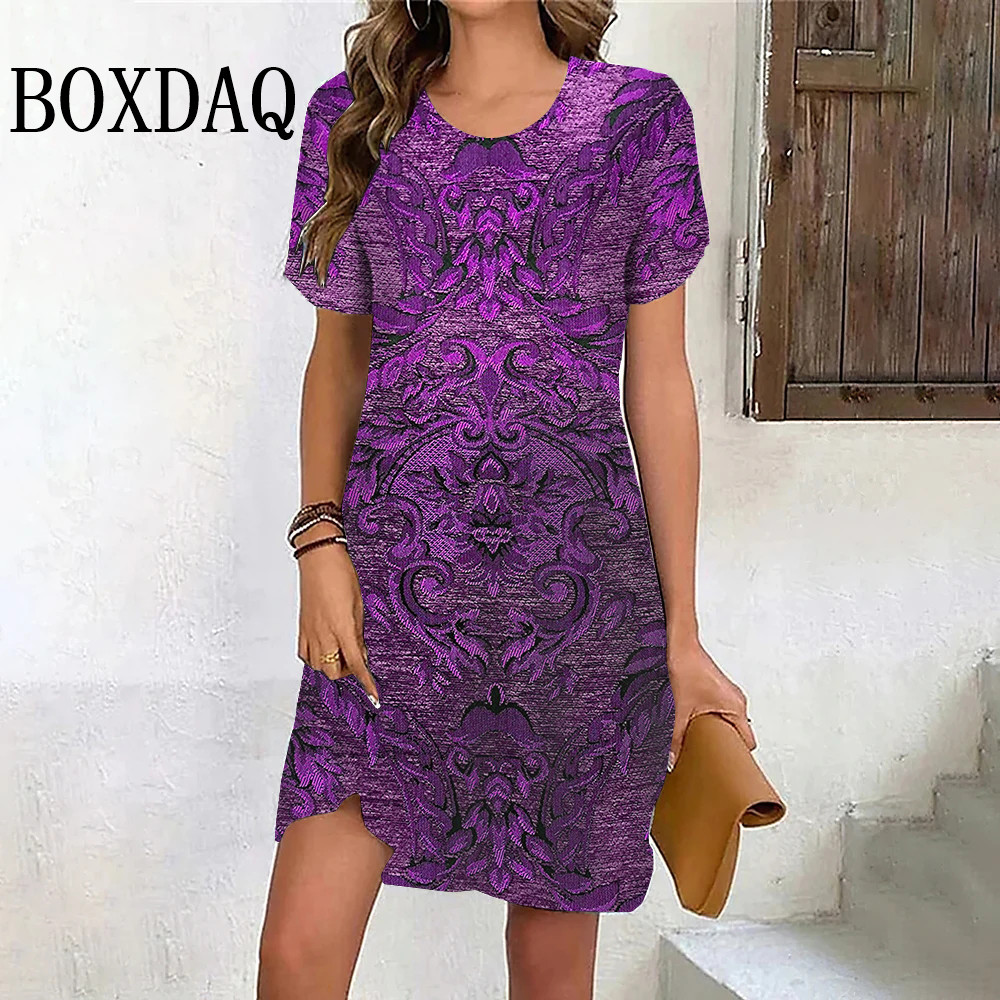 Vestidos vintage de estilo étnico para mulheres, estampa 3D, manga curta, mini vestido solto, roupas casuais, moda, verão, 2024: S / Azul