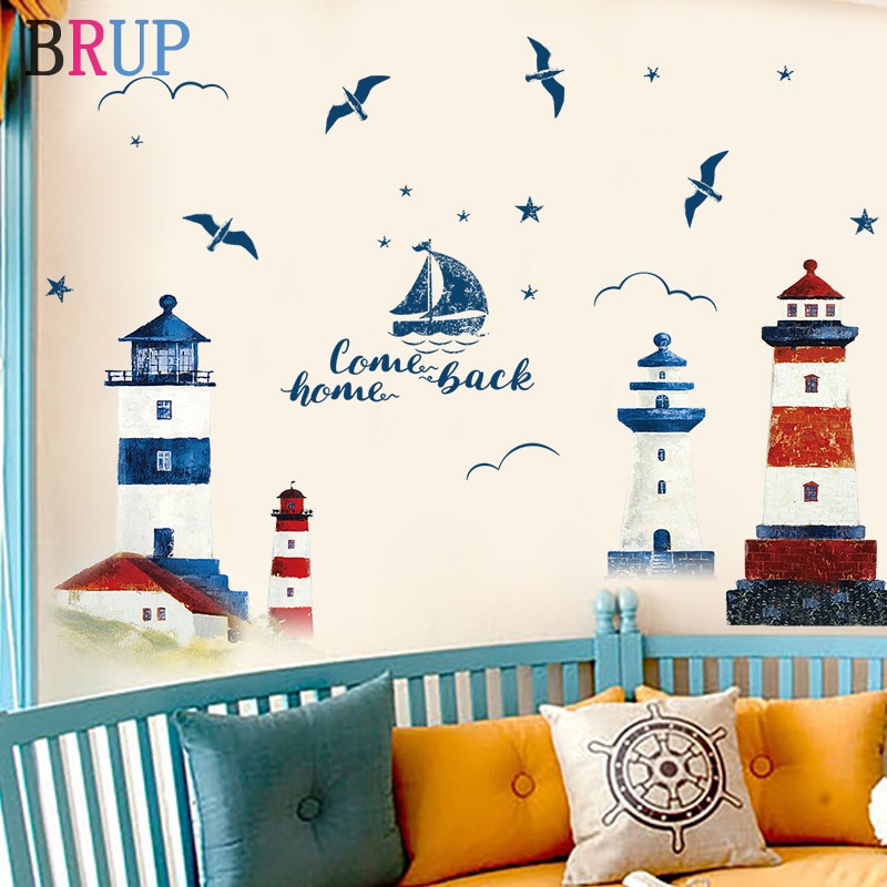 Mediterrane Vuurtoren Muursticker Zeilboot Seagull Home Decor voor Baby Room Cartoon Kinderkamer Decoratie PVC Vinyl Behang