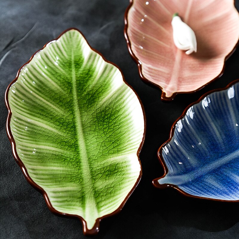 Japonés hielo Crack forma de hoja de cerámica, platos para aperitivos placa bajo esmalte de porcelana de la placa de la cena salsa picante plato de Sushi, torta bandeja