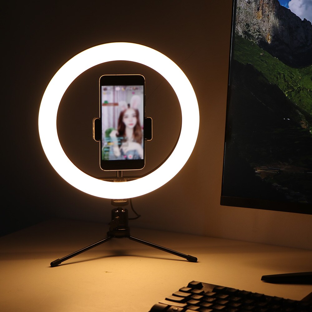 Dimmable LED Studio Camera Ring Light Photo Phone Video Light Lamp With Tripods Ring Table Fill Light