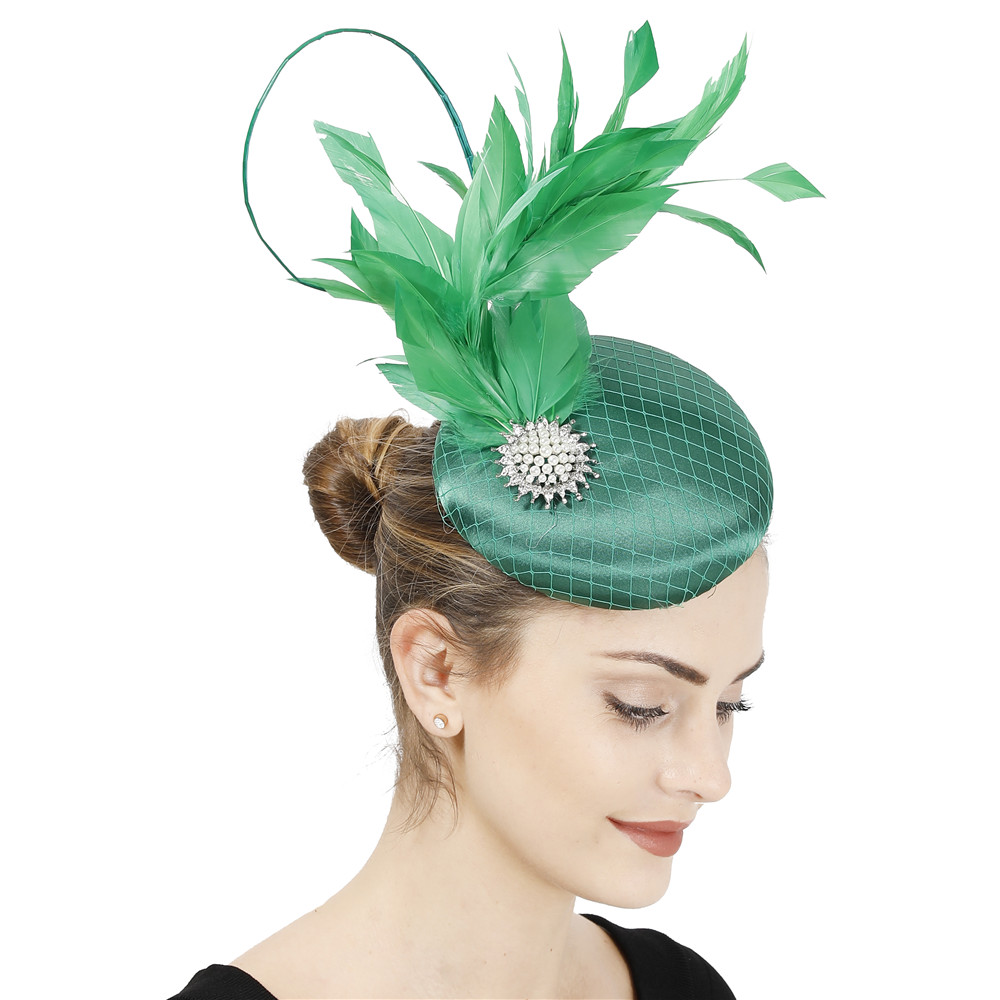 Nice Magenta Satin Hair Fascinator Hat Evening Party Formal Church Ladies Millinery Hat Bridal Wedding Headpieces With Feathers: green