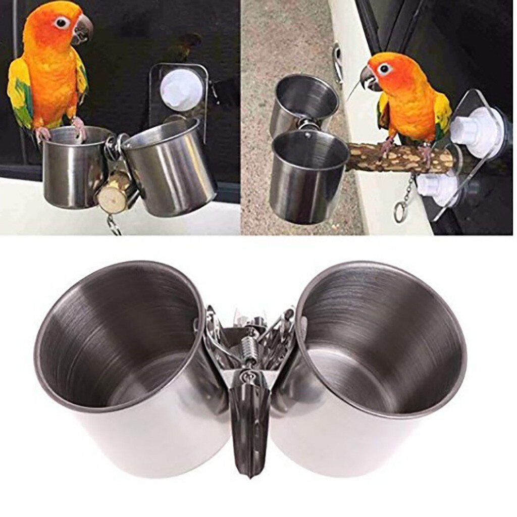 Bird Feeder Parrot Feeding Cup Stainless Steel Birds Feeders Outdoor Water Cage Bowls Clamp Holder Bebederos Para Pajaros