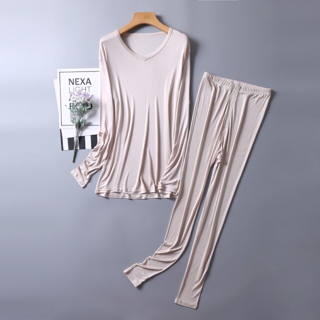 Men's 50% Silk 50% Viscose Base Layer Long Johns Warm Thermal Underwear Set L XL 2XL TG204: beige / XL
