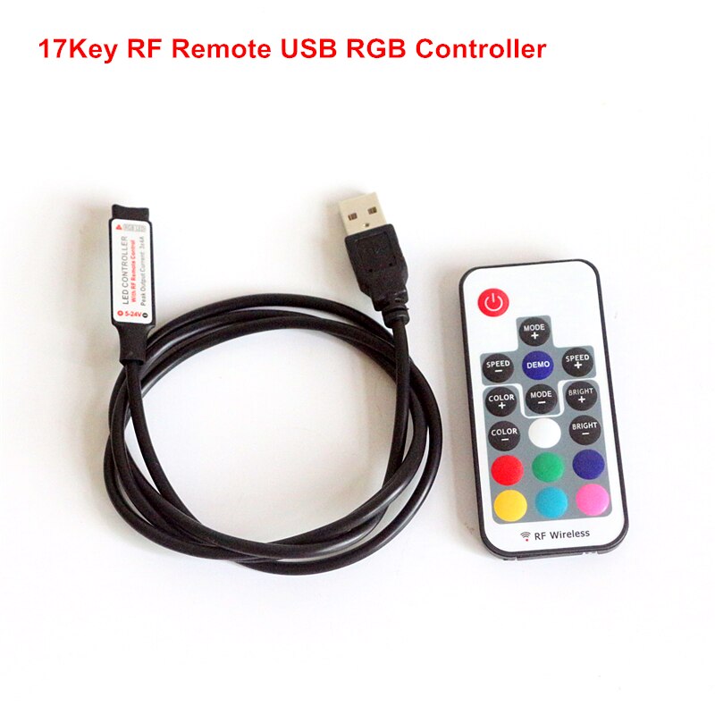 Usb rgb led controller  dc5v dimmer mini 3 key 24 key  ir 17 key rf trådlös fjärrkontroll för  dc5v rgb led strip tape belysning