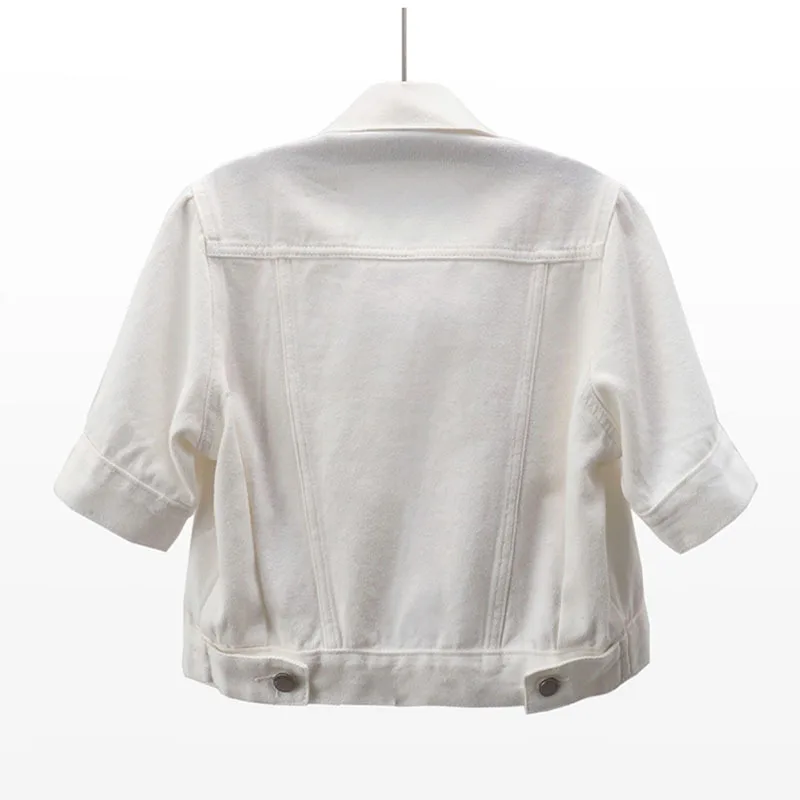 Vår sommer tynn hvit denimjakke frakk kvinner koreansk slank kort cowboy antrekk butikk lommer korte ermer jeansjakker dame