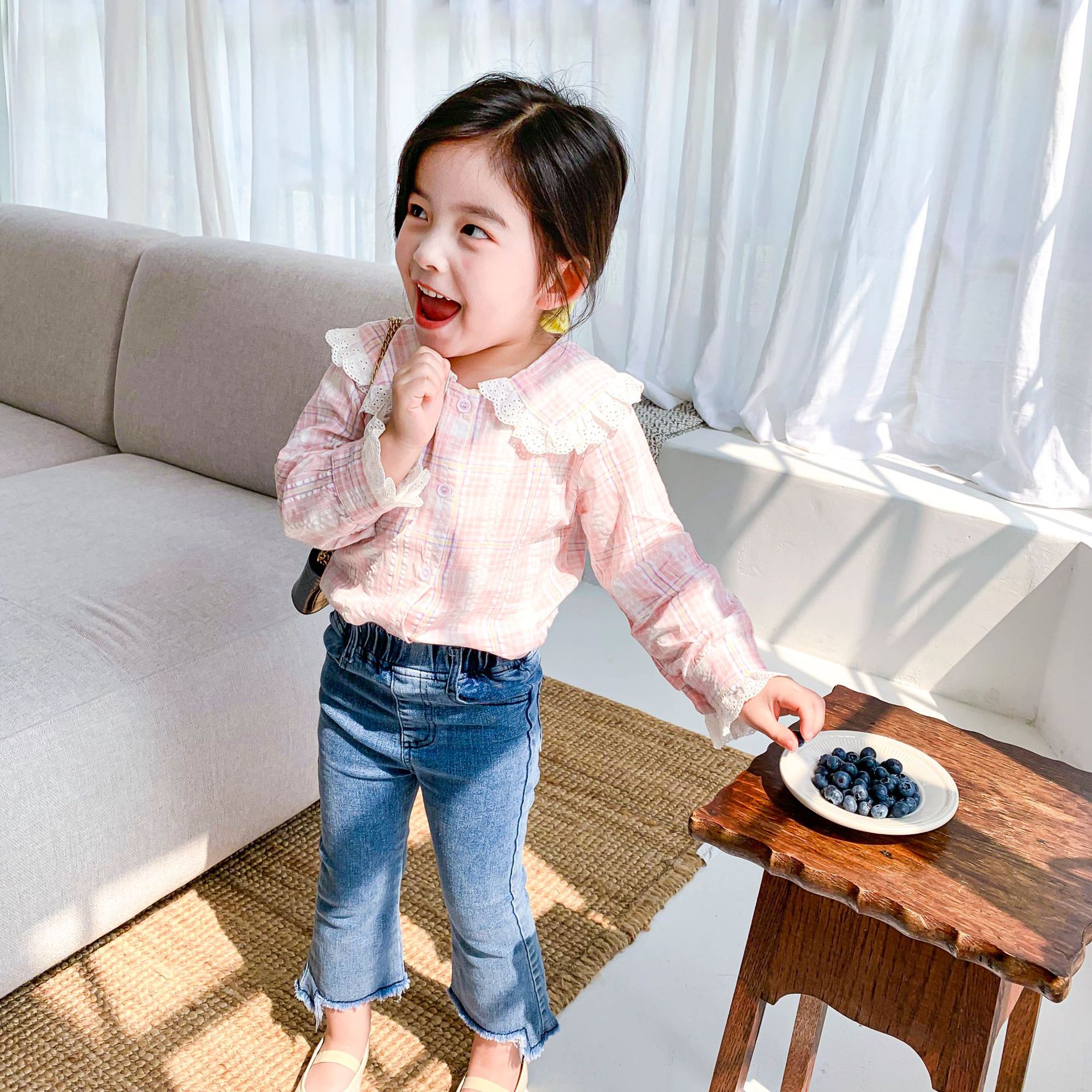 Autumn cute girls lace patchwork plaid shirts long sleeve casual shirt