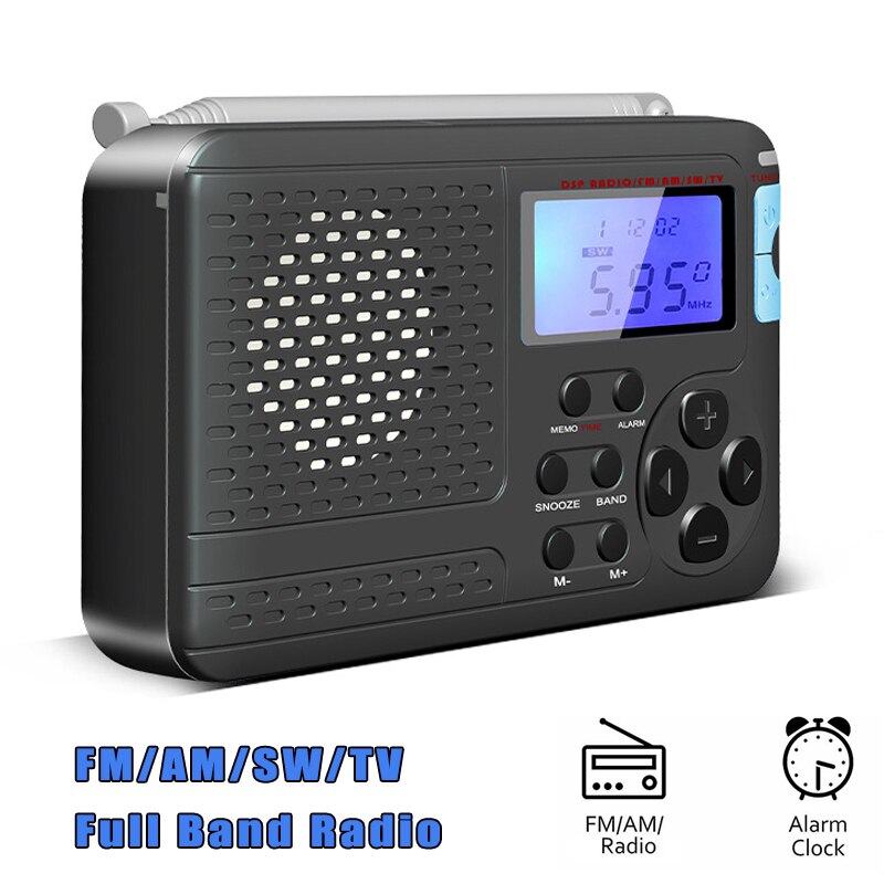 Portable Radio FM/AM/SW/TV Full Band Radio with Timing Alarm Clock Dual Channel Headphone Output MP3 Player Receiver