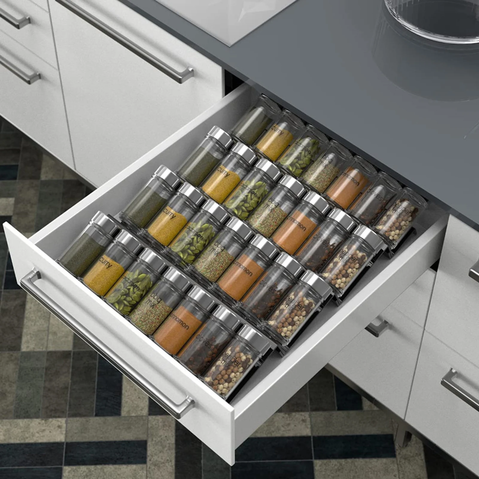 4 Layers Spice Drawer Organizer Adjustable Acrylic Spice Jars Rack Tray Expandable Seasoning Organizer Cabinet Kitchen Shelves