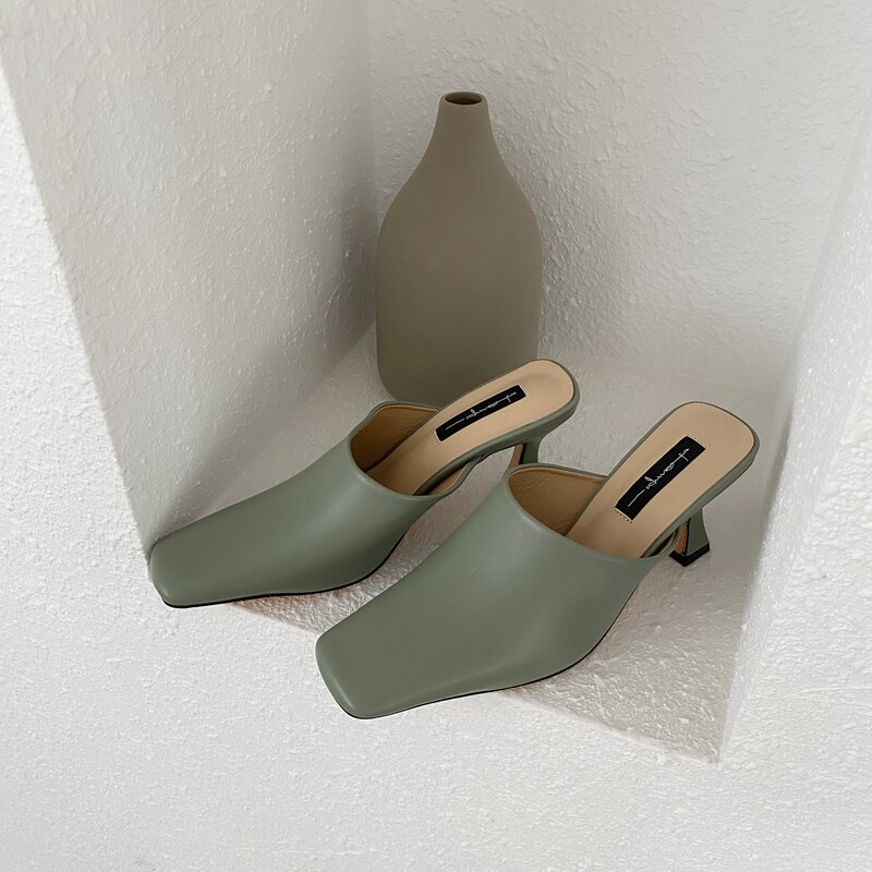Mules à bout carré pour femmes, chaussures à talons, couleurs unies, hautes (5cm-8cm), collection chaussons pour femmes: green / 36