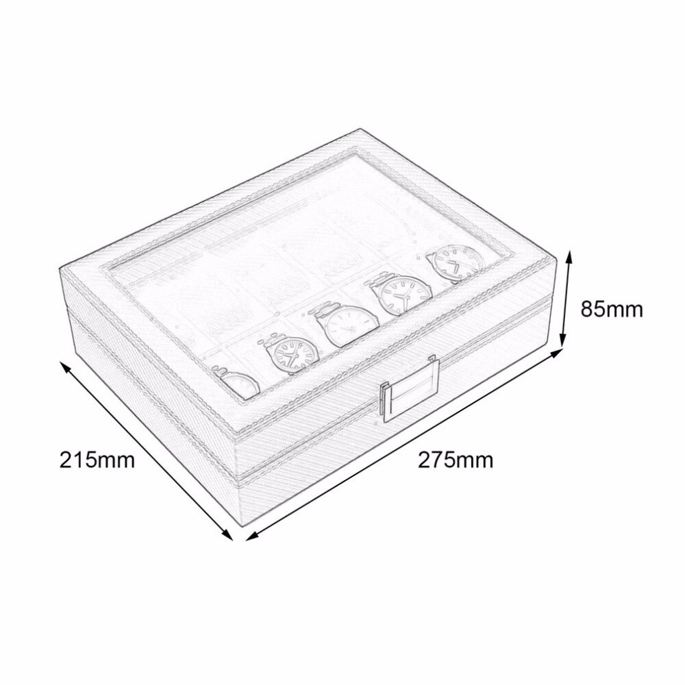 10 Grids Carbon Fibre Patroon Horloge Doos Horloge Houder Opbergdoos Sieraden Display Zwarte Kleur Case Organizer