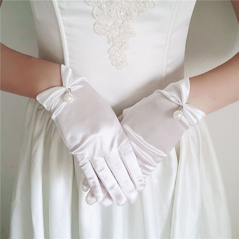 Women's Summer Thin Short Satin Elastic Etiquette Dress Gloves Pearl Lace Bow UV Sunscreen Cycling Driving Mittens K69