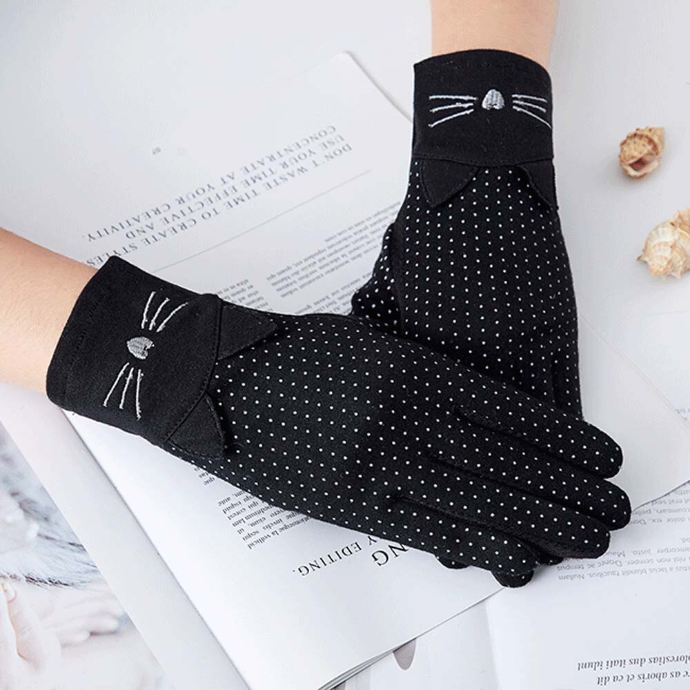 Mode Vrouwen Handschoenen Dames Zon Protec Handschoenen Dunne Zomer Rijden Elastische Katoen Ademend Rijden Handschoenen Leuke Kat Dot Mitten