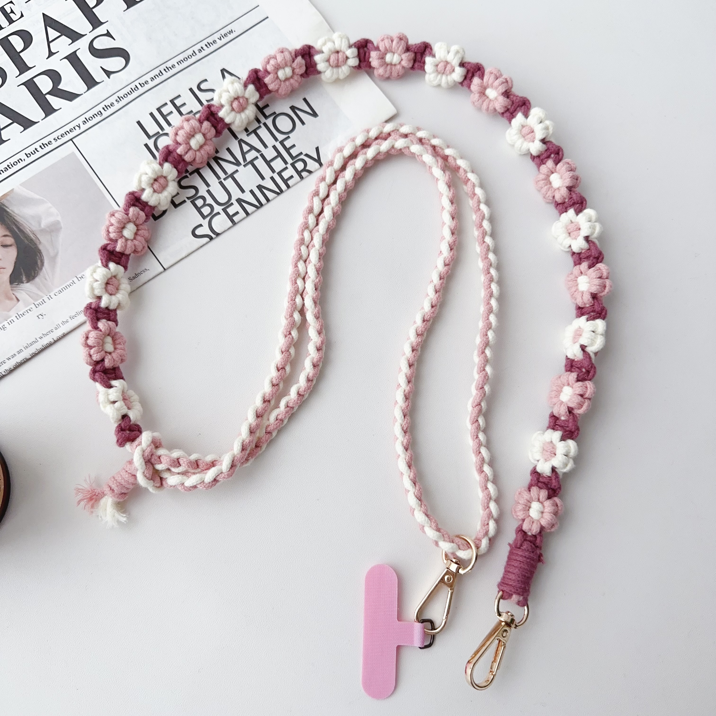 Handgemaakt Madeliefje Verstelbare Lengte Geweven Riem Universele Telefoonband Handgeweven Daisy Bloem Mobiele Telefoon Tas Cross-Body Lanyard: Piano Zwart