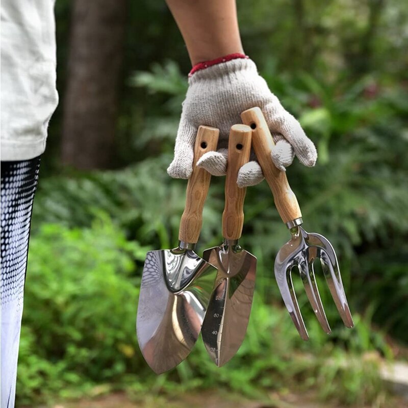 5 Pieces Garden Tool Set, Heavy Duty Gardening Tools With Wood Handle For Transplanting Digging, Garden Hand Tools