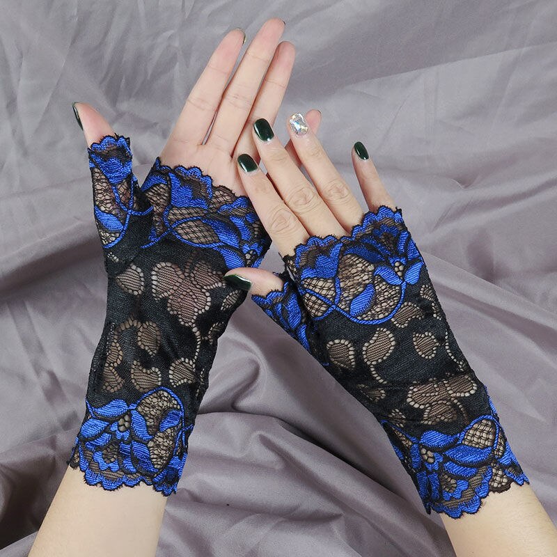 Gants de danse de marin d'été longs sans doigts pour femmes, Sexy, demi-doigt en dentelle, en résille, élégants, mitaines en maille: Blue