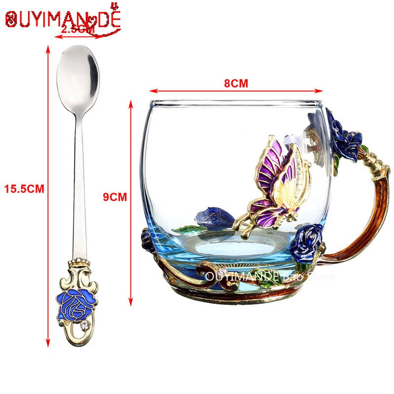 Bleu belle papillon émail tasse à café fleur thé verre tasses boisson chaude et froide thé tasse cuillère ensemble parfait de mariage: A