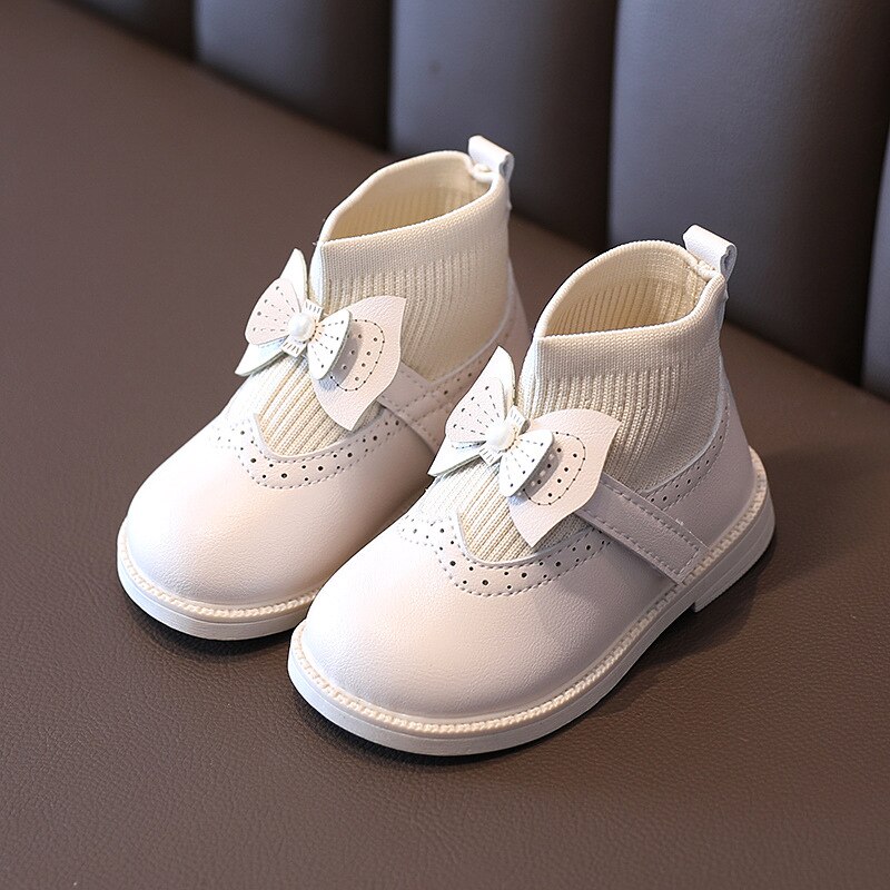 Hiver infantile enfant en bas âge bottes de neige bébé filles bottes décontractées fond mou noeud papillon princesse tricoté bottes enfants enfants chaussures de plein air: Beige / (Insole 13.5cm)