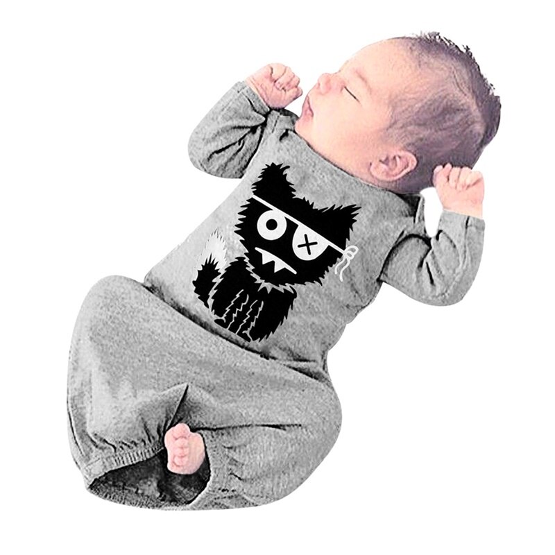 Baby Meisje Jongen Slaper Pasgeboren Baby Gewaden 2 Stuks Lange Mouwen Cartoon Dier Kat Patroon Nachtkleding + Streep Hoed Lente herfst 3-6M